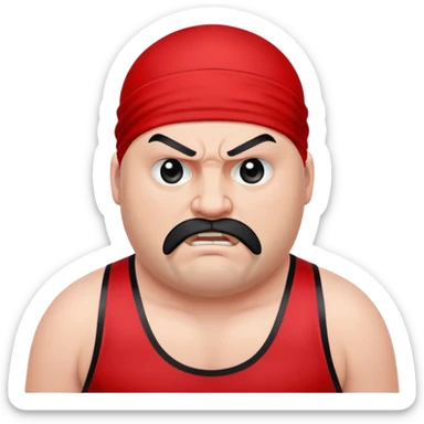 White skin fat guy with prominent black durag, shaved beard stubble, black eyes in a red and black wrestling singlet with angry face sticker