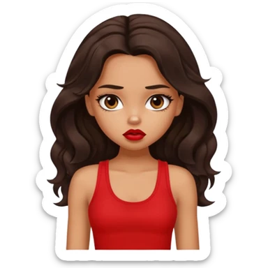 generate a pretty tan bratz girl with dark brown wavy hair long wearing a red tank top, red lipstick. Looking sad sticker
