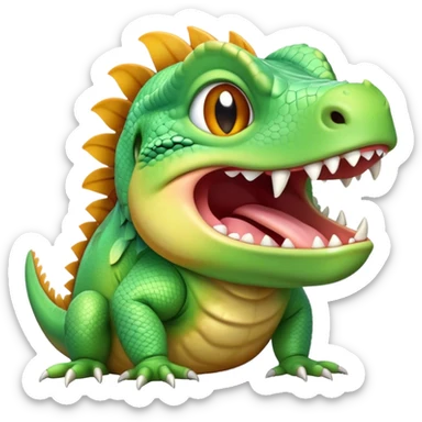 Cinematic Realistic Cute Yawning Iguana Portrait Emoji, Head tilted slightly with a dramatic, wide-open yawn, showcasing a soft, textured green-scaled face with gently drooping features and half-closed, drowsy amber eyes, rendered with natural detail and subtle shadows, high shine, relaxed yet expressive, styled with a dash of tropical charm, soft glowing outline, capturing the essence of a sleepy yet affectionate iguana that appears ready to stretch out and enjoy a peaceful nap! sticker