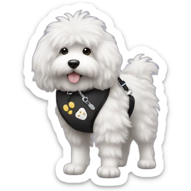 side profile of fluffy black with white paws doodle on a leash going for a walk sticker