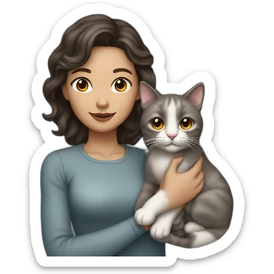 A wite skin woman with wavy dark brown hair holding a grey cat sticker