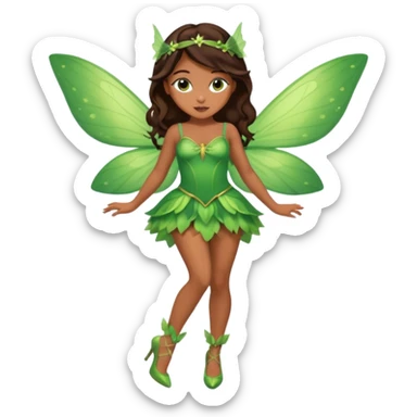 Pretty girl with caramel skin. Dark brown hair and brown eyes. She has freckles. Wearing sexy makeup. Wearing a green fairy costume and heels and flying sticker