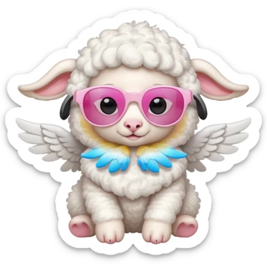 a white baby lamb with white angel wings and pink sunglasses on sticker