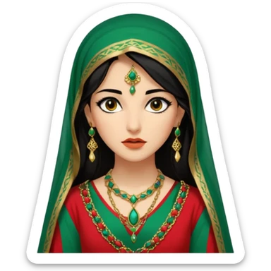 Mujer joven, morena, de gran belleza y porte misterioso.
 mirada intensa y fija; labios marcados.
 Negro, largo, suele ir cubierto parcialmente por un velo
 Ropa de inspiración árabe: túnica colorida (rojo, dorado, verde esmeralda), con detalles dorados  brazaletes y pendientes. sticker