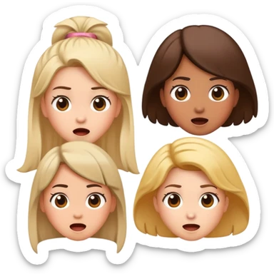 Surprised expression with exclamation mark, then three girl emojis in different hairstyles sticker