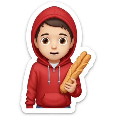 ute funny Spanish cartoon boy named Peque Tito, red hoodie, denim shorts, big expressive eyes, holding a churro, Pixar-style, viral character.” sticker