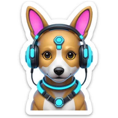 cute cyberpunk dog, futuristic headset, neon harness, glowing cyber implants, street punk vibe, 3D cartoon, mobile game icon style, clean background, no text, no watermark
 sticker