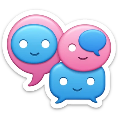Create an emoji-style icon with two overlapping chat bubbles and a small phone or info symbol, representing ‘Contact Us’. Cute, colorful, rounded design sticker