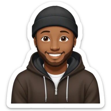 African yound man in his late 20s with a beanie and a bright smile with a short boxed beard, and a low cut hair, looking like davido the musician black hoody sticker