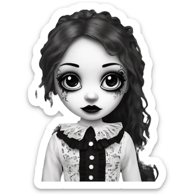 porcelain doll with a cracked face, goth makeup, long hair, lace and ruffles, lolita style, inked, black and white sticker