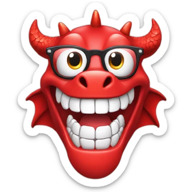 Crazy funny red dragon head with human white teeth and beautiful smile wearing glasses and hat sticker