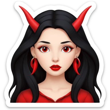 A skin red girl's face with cheekbones, long black hair, small red horns, big lips sticker