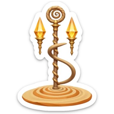 desert sand mage staff object icon, ancient staff with serpent coils around it, glowing golden sand gem on top, swirling sand aura, fantasy desert weapon, 3D cartoon, mobile game icon style, centered, clean background, no text, no watermark
 sticker