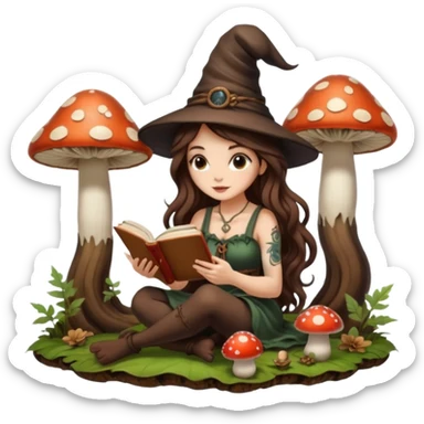 cute forest witch woman long wavy brown hair tattoos reading book on mushroom sticker
