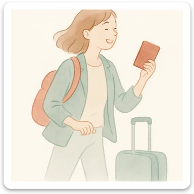 soft watercolor illustration in a minimalist, modern style, person excited to go on their next trip, pastel colors, delicate linework, gentle whimsical mood, minimal soft shading sticker