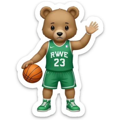 Bear with full body and wearing basketball green and white  jersey that says RWE  sticker