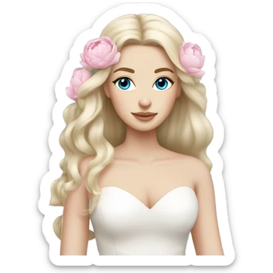 White bride with long light blonde hair and blue eyes with light pink peonies in hair white skin  sticker
