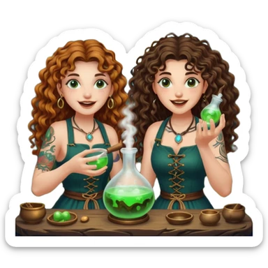 forest alchemist duo two women curly long hair tattooed and short brown mullet mixing glowing moon potion together excited faces sticker