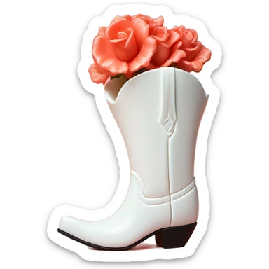 White cowgirl boot vase with coral sticking out of it sticker