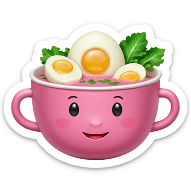pink soup with egg and greens inside, boiled potatoes by its side, winking face emoticon sticker
