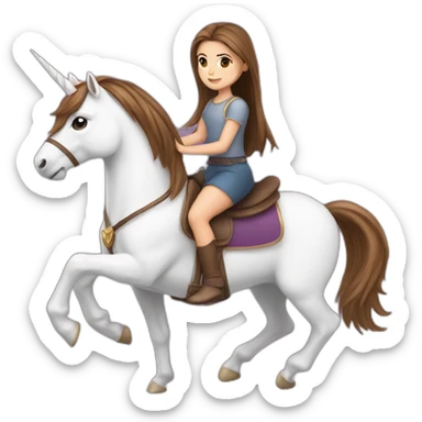 Girl with brown straight hair past shoulders and brown eyes riding a unicorn  sticker