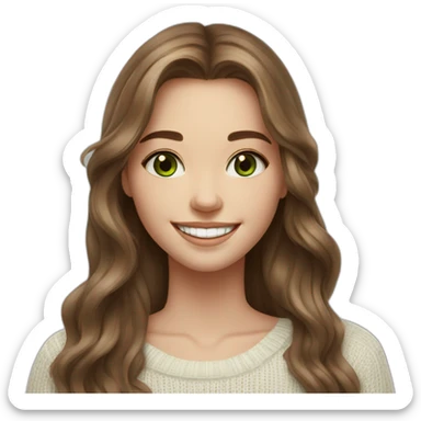 beautiful girl, white, with long loose wavy hair, brown hair, brown green eyes, smiles at the camera, good teeth, white sweater, realistic drawing sticker