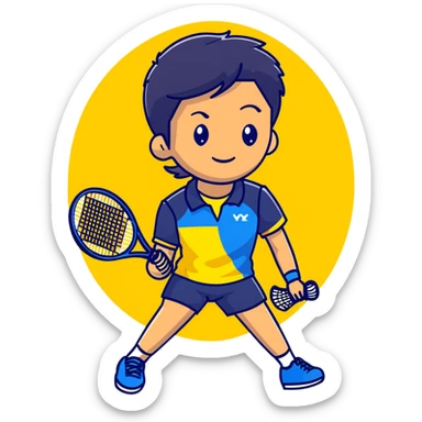 light brown skinned tennis coach, short straight black hair with widow's peak, oval face, small eyes, smiling, holding blue Yonex racket, wearing navy blue dry fit shirt sticker