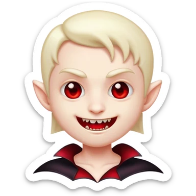 Cinematic Cute Vampire Portrait Emoji, with a refined yet playful small, rounded pale face accented by tiny, cute fangs and bright, twinkling eyes, sporting miniature elegant dark attire with a hint of crimson, simplified yet irresistibly charming, highly detailed with a soft glowing outline that captures the delightful duality of spooky sweetness and stylish allure! sticker