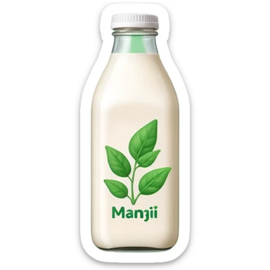 A 3D cartoon bottle of plant-based milk identical to dairy milk, small green tint or leaf mark, Memoji-style. sticker