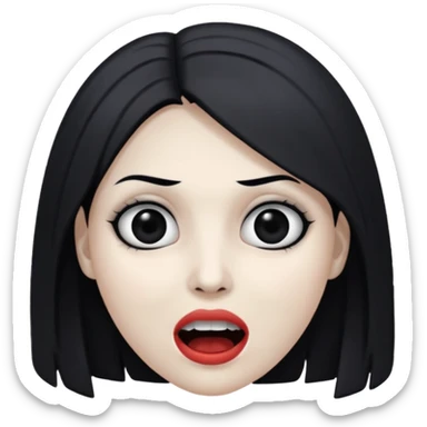 woman with gray skin and black hair and a creepy face with white eyes and hollow mouth sticker