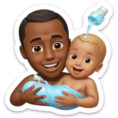 Sean “Diddy” Combs with baby oil and a very small infant and he’s pouring the baby oil on the infant that is laughing with a very exaggerated expression sticker