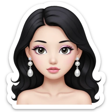 asian long voluminous black hair silver grey eyes glossy lips glittery white and light pink eyeshadow girl pearl earrings sticker