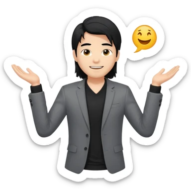 asian young man with long black hair falling on the forehead in grey blazer and black t-shirt smiling  sticker