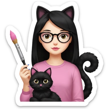 Painting women. smilling   Long black hair,  lunette peinture top pink, pinceau with is black cat  sticker