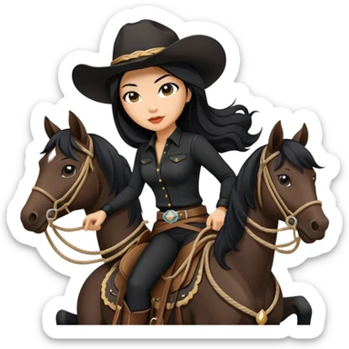 confident Asian woman with long black hair wearing black outfit riding a horse cowgirl style with a lasso sticker