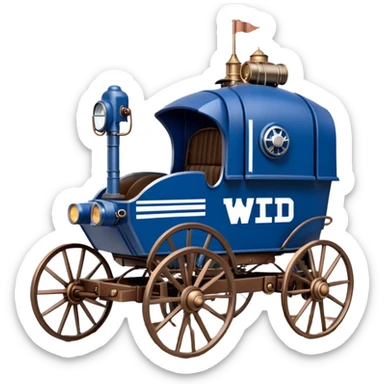 Old American West tarnished R2D2 bounty policeman in 1854 delicately ornate rosegold accents painted buggy buckboard wagon powered by electric motors and batteries with safety features and belts flying rapidly across rough dusty terrain stable on strong agile futuresteampunk suspension and steering  sticker