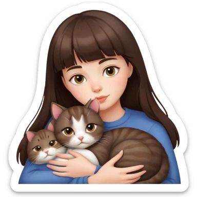 brunette girl with french bangs snuggling her cat sticker