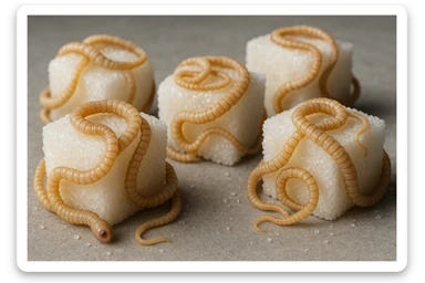 ZOLLETTE DI ZUCCHERO CON PARASSITI TIPO LA TENIA ARROTOLATE INTORNO AD OGNI ZOLLETTA, IPERREALISTICO 4K sticker