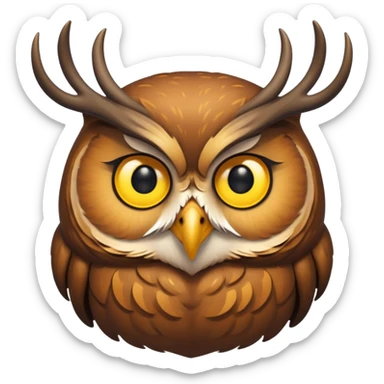 Emoji chouette perchée brun clair, yeux jaunes brillants, bec recourbé, bois de cerf imposants, sagesse et puissance. sticker