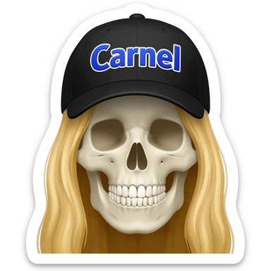 Create a skeleton head wearing a black baseball cap that says " Carnel " in blue, and white lettering, with long blonde hair sticker