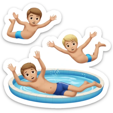 Two blond boys, the third boy with brown hair and a little baby girl with braun hair doing a belly flop in to a pool full of water. Show the pool sticker