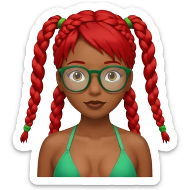 Dark Tan girl with two long red plaits and red rimmed  glasses, green bikini top,  head neck and shoulder shot only sticker