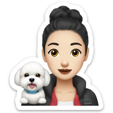 A cute korean style bichon frise with a dark-haired in a bun Asian woman at the airport  sticker