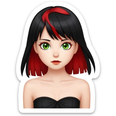 Girl. Green hazel eyes. Black hair with red long bangs and red perk-a-boo underlights. Medium long hair. black strapless crop top. Skinny face. sticker