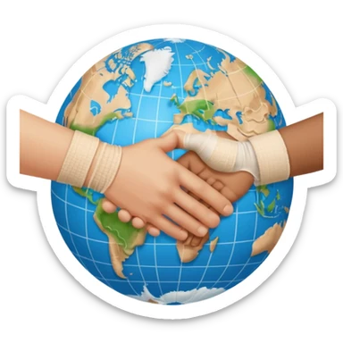 instead of two hands holding a globe, we have two hands handshaking in front of a globe. And in the background, we can see that the globe has a bandage or something. The handshake shows negotiation and the bandage around the globe shows improvement on climate change. Negotiation and climate change.  sticker