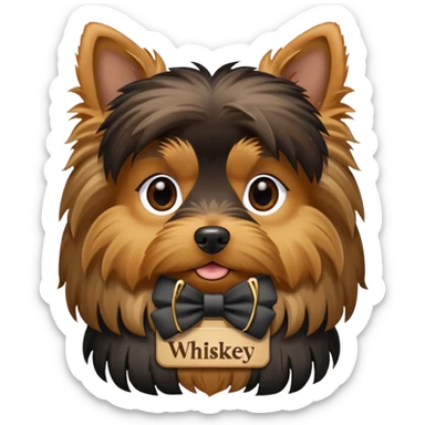 A Yorkie dog with a name tag that says "whiskey" sticker