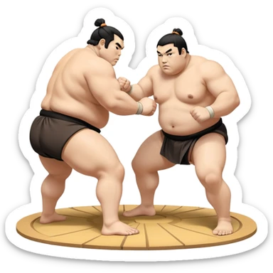 Two sumo wrestlers in a classic dohyo ring, each displaying powerful stances and ready to engage in a fierce match. One wrestler attempts a pushing attack, while the other counters with a thrust. The background shows the traditional sumo arena and spectators. Transparent background. sticker