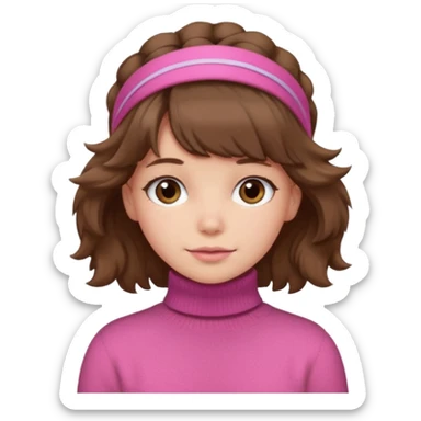 brown fluffy haired girl with pink turtleneck sweater and hair band sticker