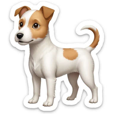a full body slightly chubby white parson russell terrier looking dog the size of a kelpie with light brown long ears and a light brown patch on one eye and a large snout sticker
