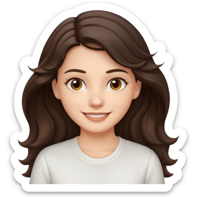 A White girl with wavy and dark hair, light brown eyes and a white shirt smiling sticker